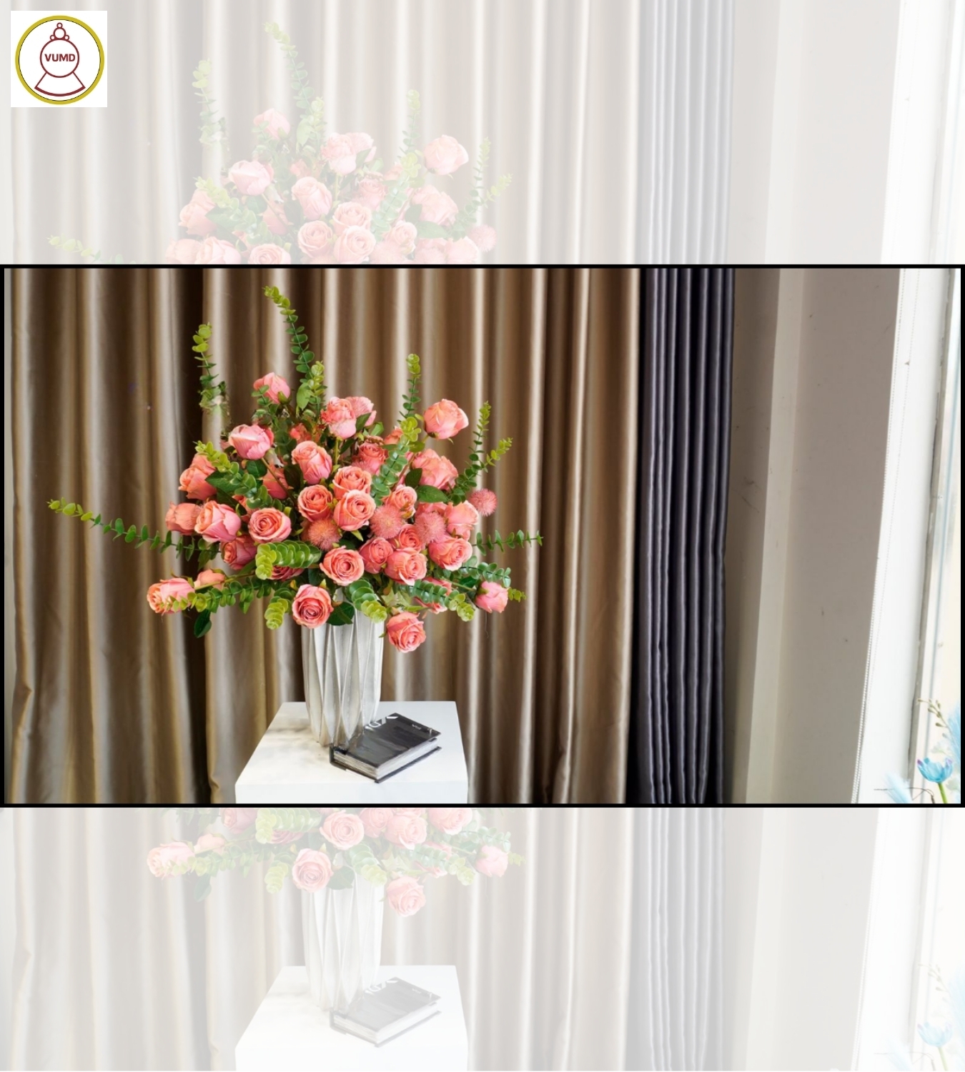 Bình hoa trang trí hoa hồng tông tươi