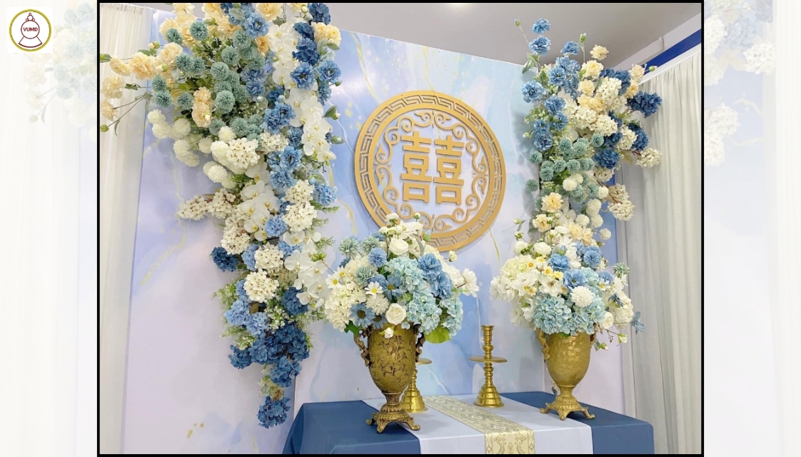 Gói trang trí bàn gia tiên trắng xanh dương