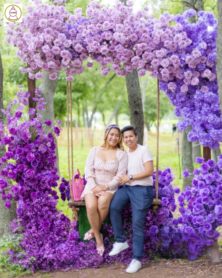 Mẫu cổng hoa trang trí studio chụp ảnh cưới tím mộng mơ