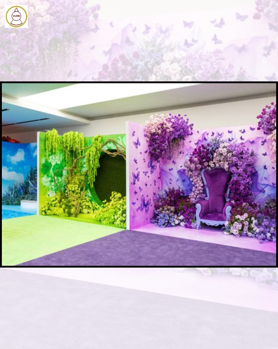 Mẫu cổng hoa trang trí studio chụp ảnh cưới tím mộng mơ